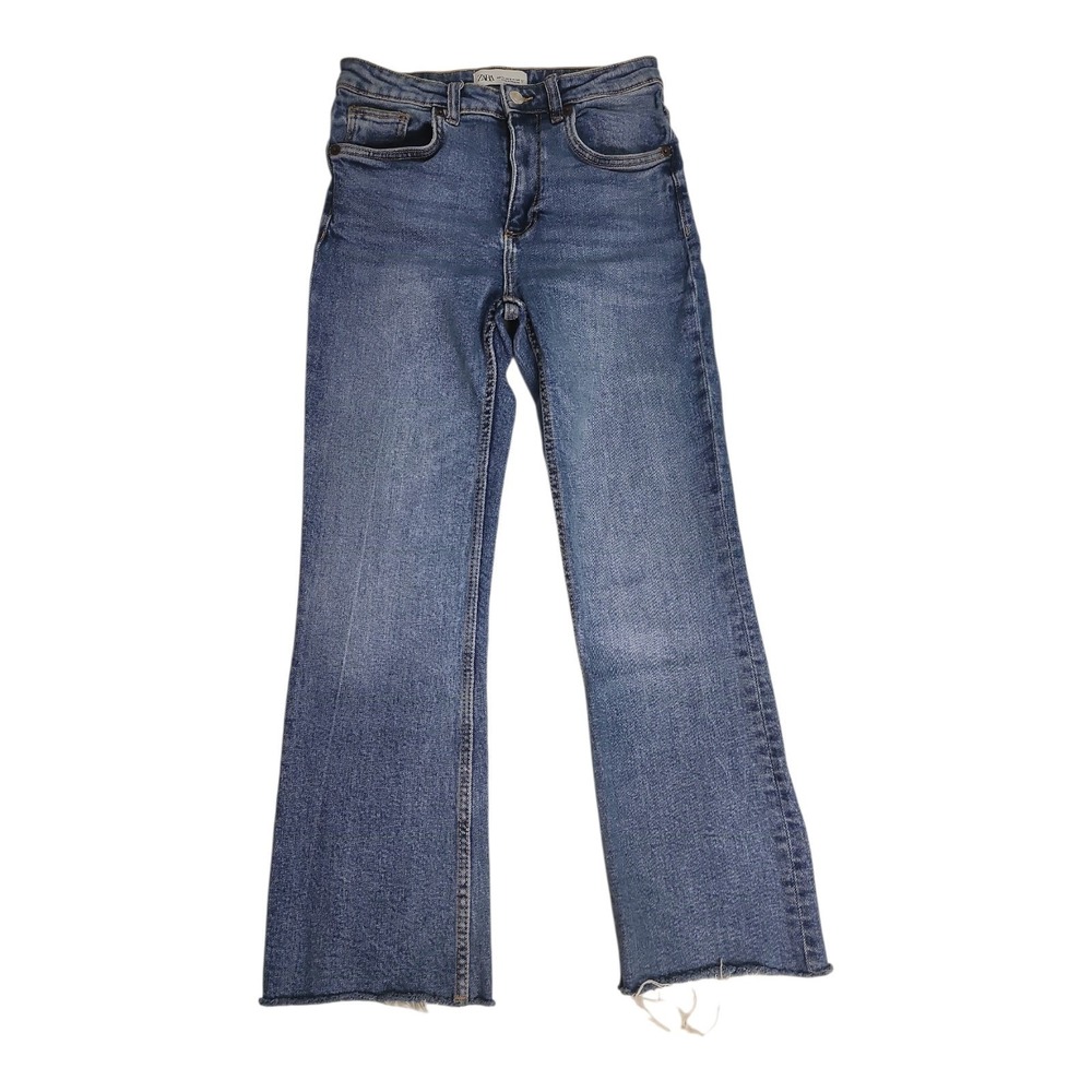 Zara Flare Jeans Women Size 4 Blue Raw Hem Trendy Casual